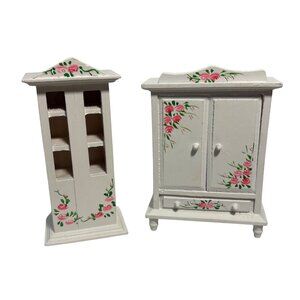 Hand-Painted Miniature Wooden Cabinet & Shelf Set With Floral Design Dollhouse